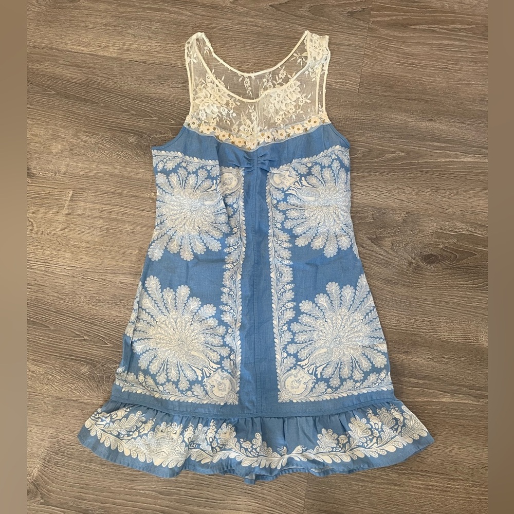 Free People blue and white dress with lace trim